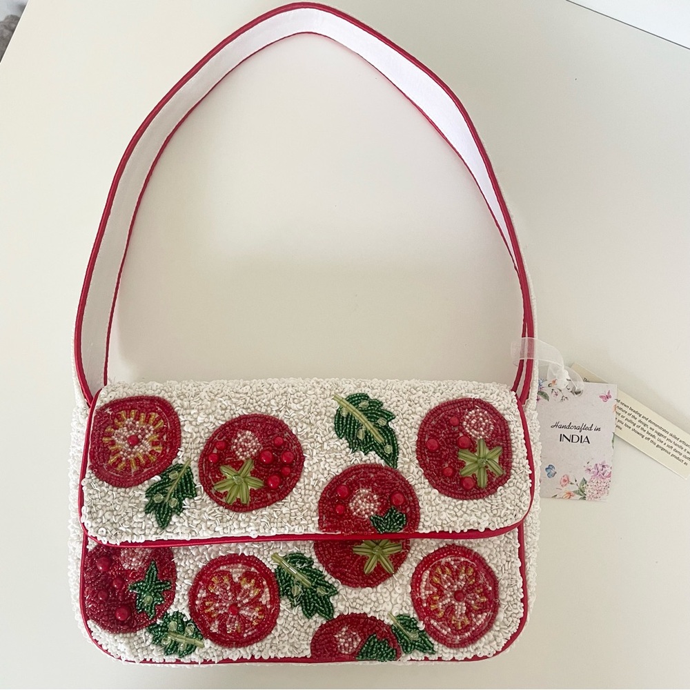 Handcrafted in India Tomato White and Red Beaded Bag